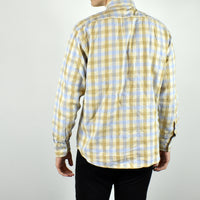 Vintage plaid collared button-down shirt top blouse in yellow blue and green